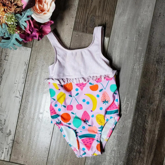 Cat & Jack Purple Striped Fruit Pattern One Piece Swimsuit Toddler Girl Size 2T - Picture 1 of 9